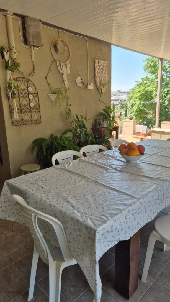 השולחן מהצד, עם מנגו טרי מהעץ והפינה הירוקה