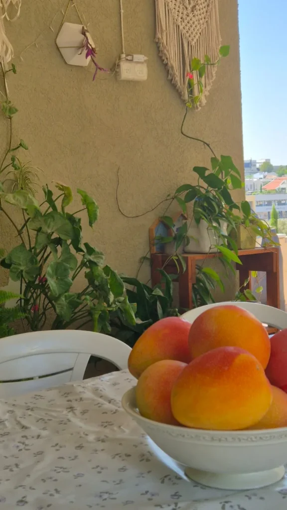אווירה במרפסת: מנגו טרי על השולחן