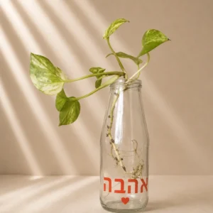 בקבוק צמיחה עם המילה אהבה ולב אדום