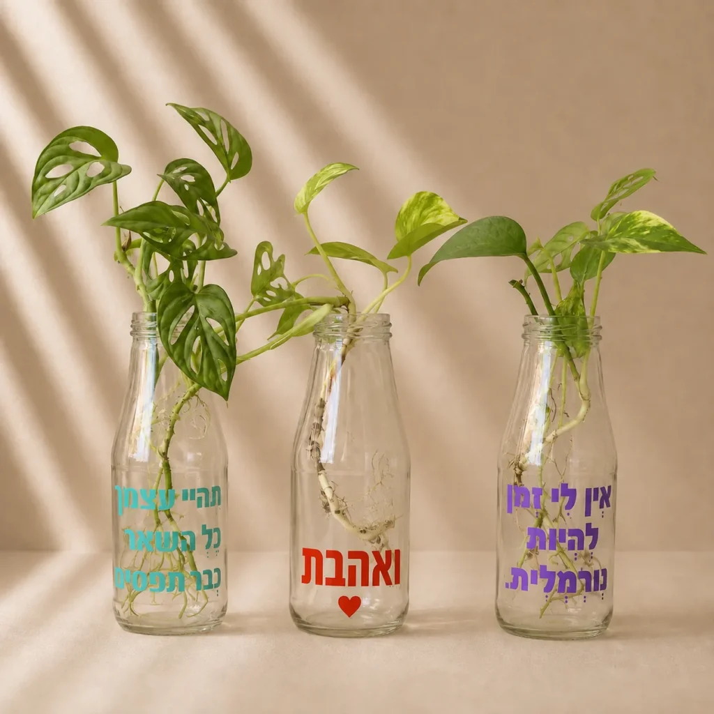 שלושה בקבוקי צמיחה עם ייחורים מושרשים ומשפטים מודפסים