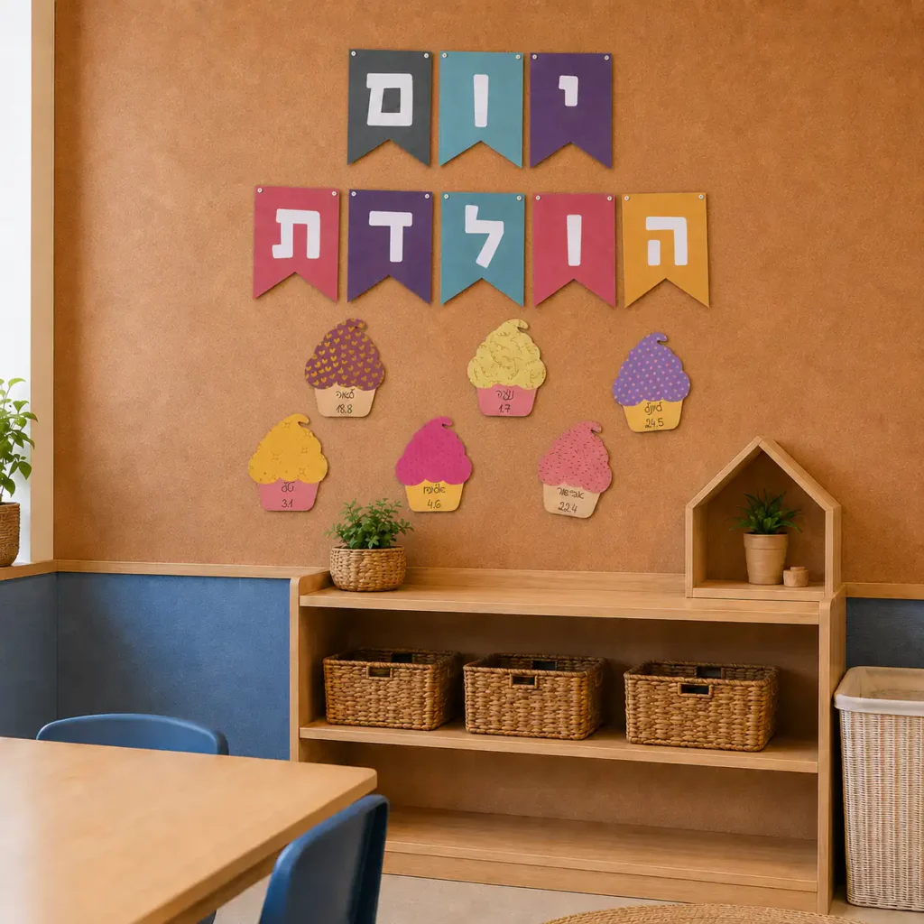 לוח ימי הולדת תלוי על לוח שעם בכיתה