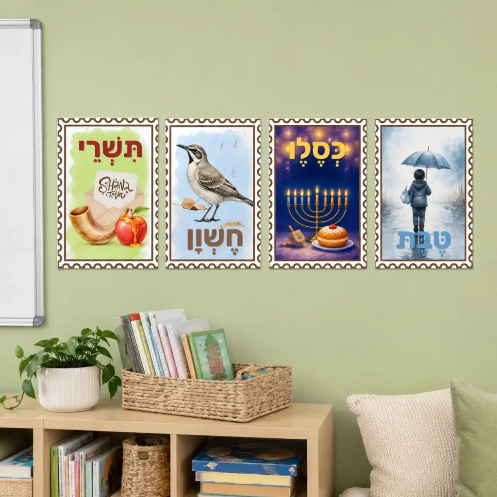 הדמיה: ארבעה כרטיסי חודשים מאוירים על קיר כיתה
