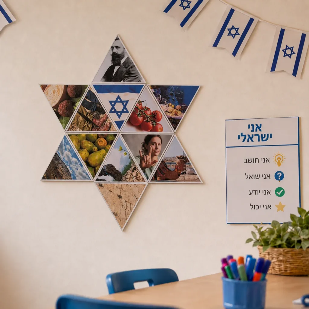 מגן דוד מתמונות ישראל תלוי בכיתה