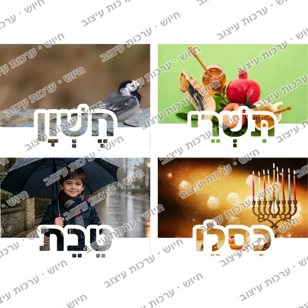 ארבעה כרטיסי חודשים עבריים: תשרי, חשוון, כסלו וטבת
