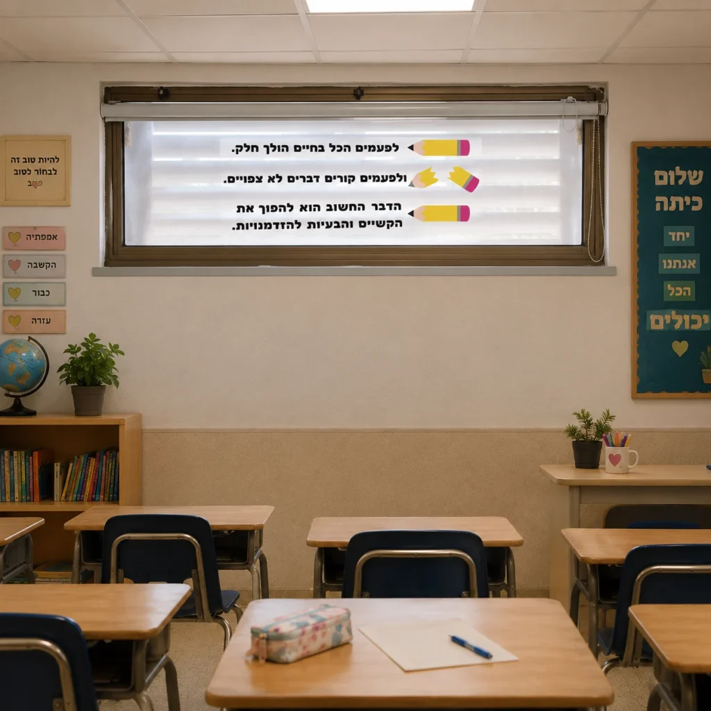 משפט השראה שקוף עם איורי עפרונות, מודבק על חלון רצועה רחב בכיתה