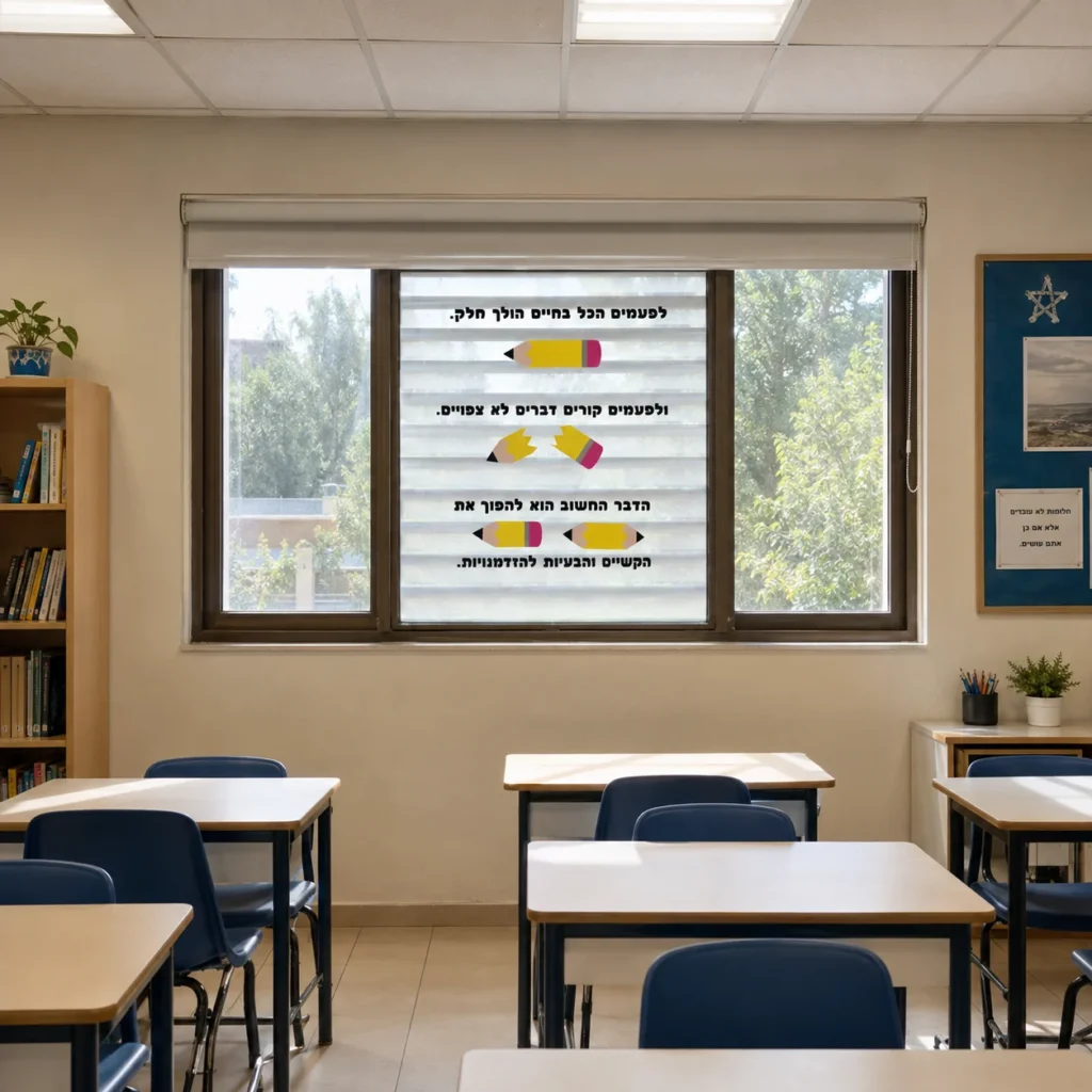 משפט השראה שקוף על כנף חלון אחת, שאר החלון פתוח לנוף העצים בחצר