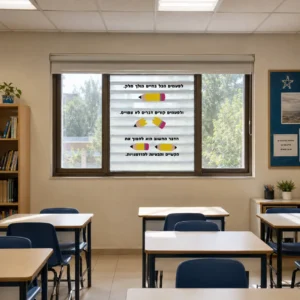 משפט השראה שקוף על כנף חלון אחת, שאר החלון פתוח לנוף העצים בחצר