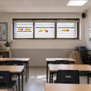 משפט השראה שקוף על חלון הכיתה, מצולם מכיוון שולחנות התלמידים