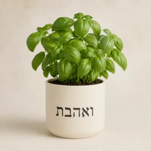 עציץ בזיליקום בצבע שמנת עם המשפט ואהבת