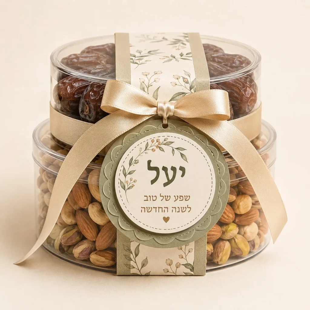 מארז שנה טובה דו קומתי: תמרים ופיצוחים בקופסאות שקופות, סרט זהב ותווית עם השם