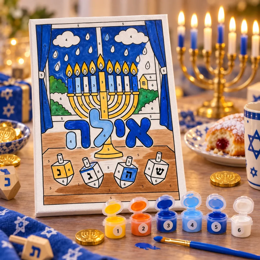 הדמיה: קנבס חנוכה צבוע לפי מספרים עם השם אילה, ולידו שישה צבעים ממוספרים ומכחול